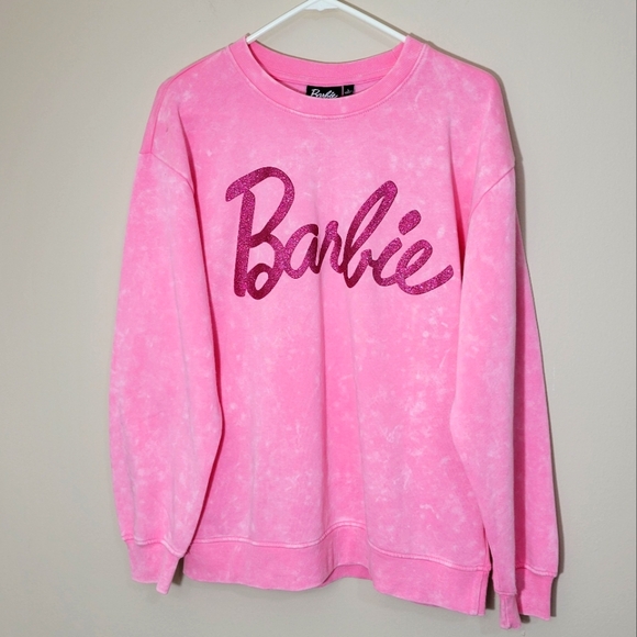 Barbie Tops - Barbie Pink Crew Neck Cotton Sweatshirt Heather Pink Glitter Logo Size L